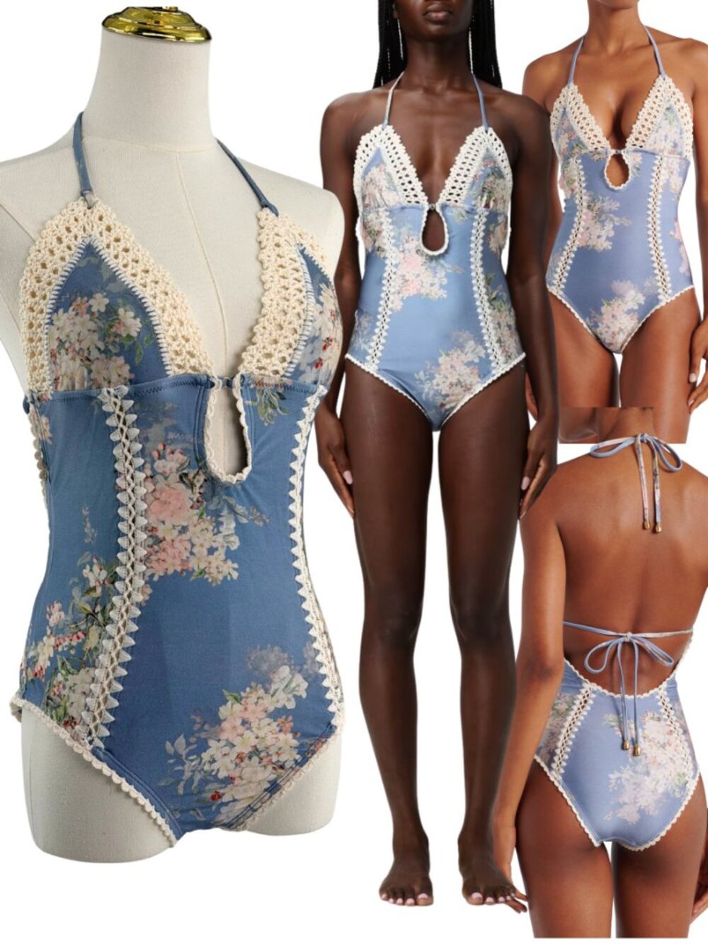 🆕 ZIMMERMANN 🧿 NWT Cascadian Crochet Keyhole Cutout Swimsuit, Blue - Sz 2 US 8